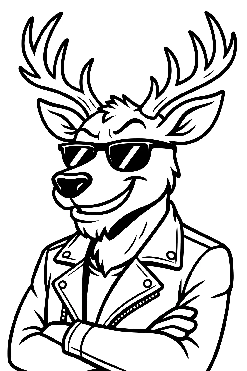 Cartoon deer with sunglasses and a leather jacket, arms crossed, smiling, with large antlers.