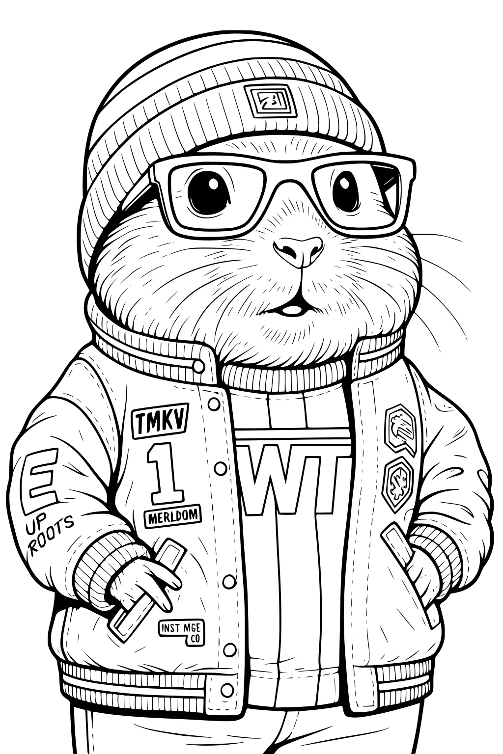 Hamster stands wearing glasses, a striped beanie hat, and a decorated varsity jacket with patches, holding a crayon.