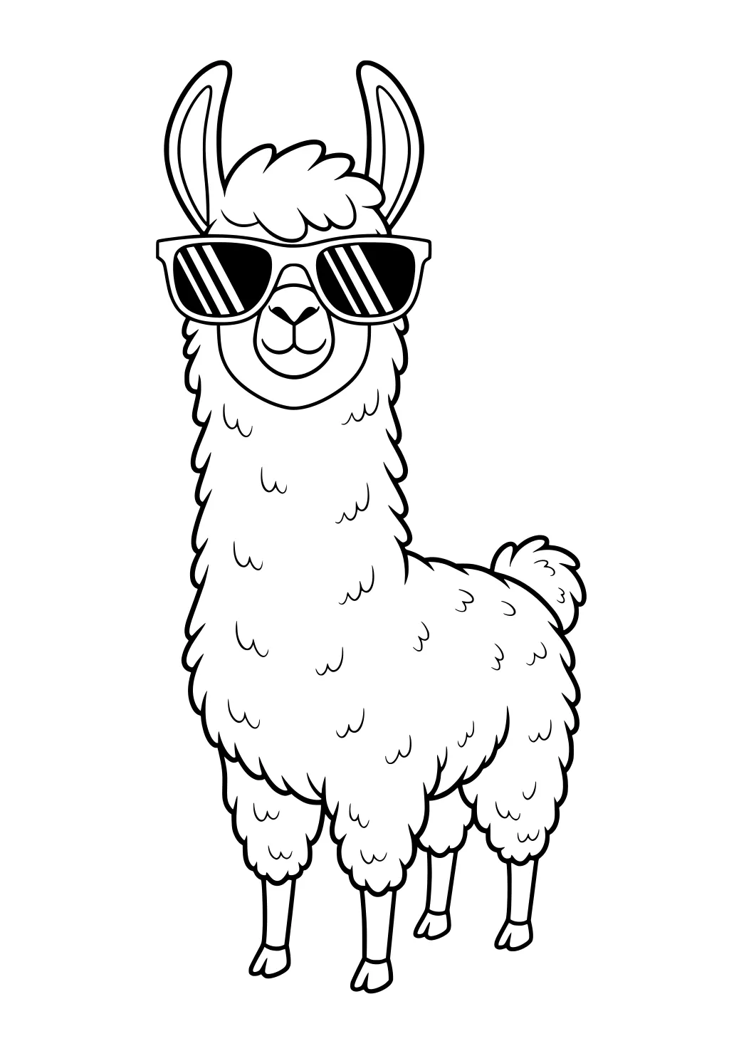 Cartoon llama with fluffy fur and big sunglasses, standing upright with ears up and a small tail.