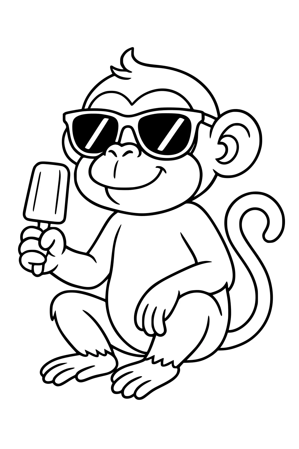 Cartoon monkey wearing sunglasses, sitting and holding a popsicle with a cheerful smile and curly tail.