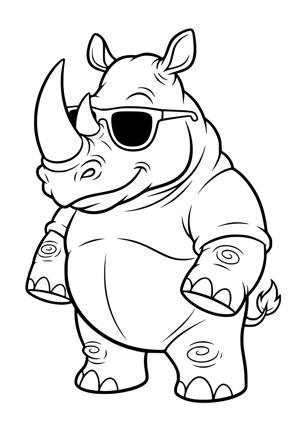 Cartoon rhinoceros standing upright with sunglasses and swirly patterns on its legs.