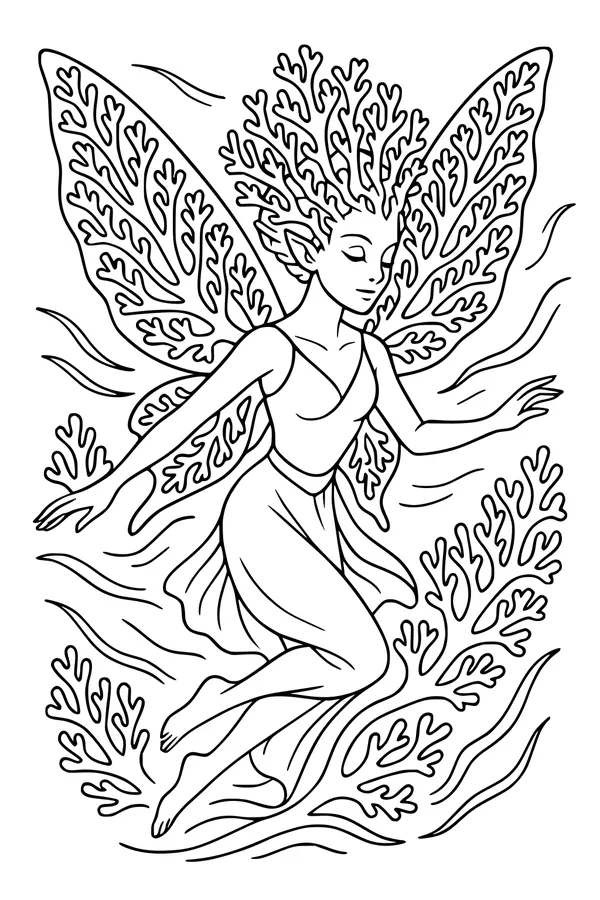 Free Fairy Coloring Page - Coral-Wing Fairy Floating in Nature (Printable PDF)