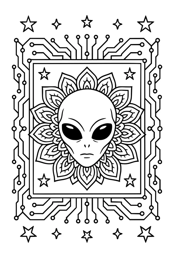 Free Alien Coloring Page - Mandala Face With Circuit Border (Printable PDF)