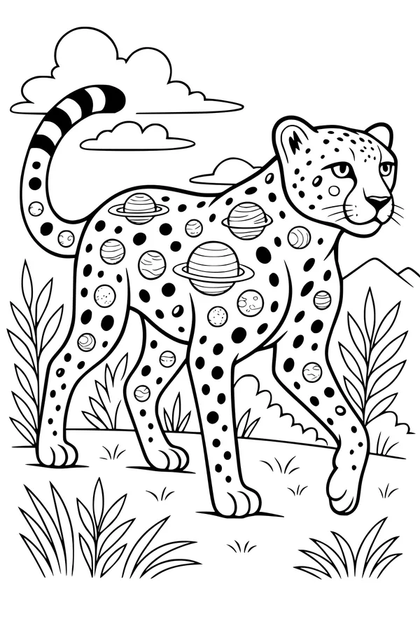 Free Cheetah Coloring Page - Starlit Planet-Spotted Big Cat (Printable PDF)