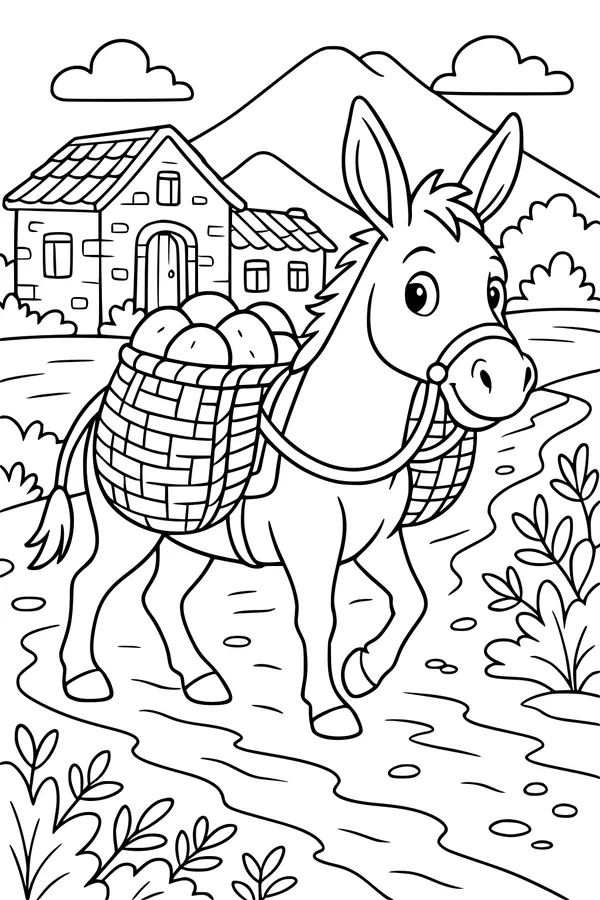 Free Donkey Coloring Page - Country Basket Delivery Walk (Printable PDF)