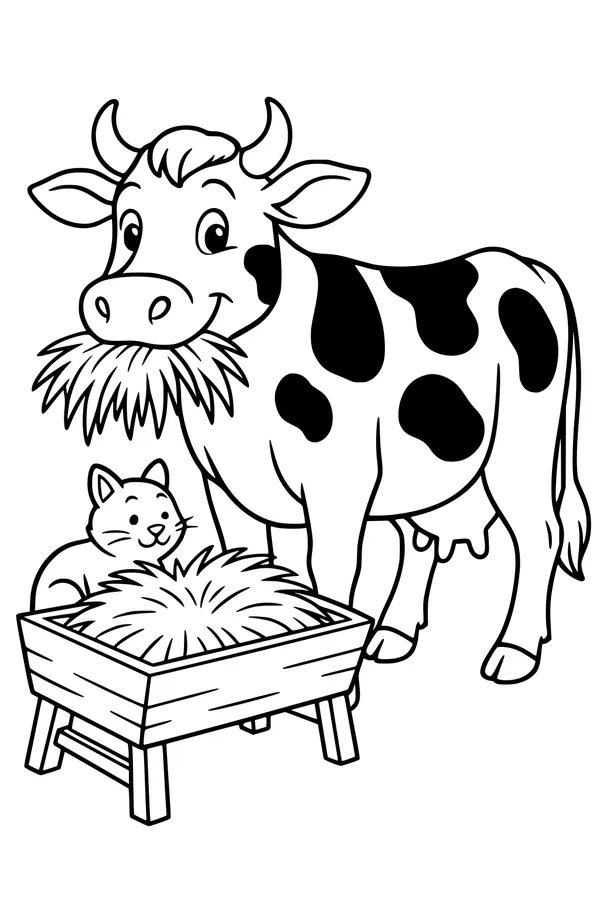 Free Cow Coloring Page - Happy Cow Eating Hay With Cat (Printable PDF)