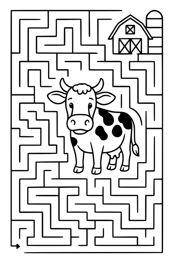 Free Cow Coloring Page - Cartoon Cow in Farm Maze (Printable PDF)
