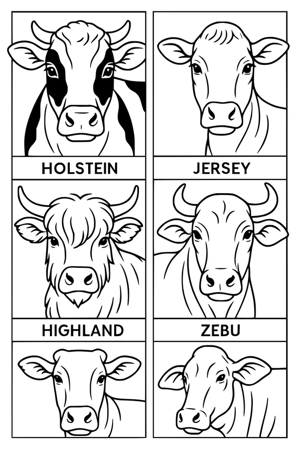 Free Cow Coloring Page - Four Friendly Breeds in Labeled Boxes (Printable PDF)