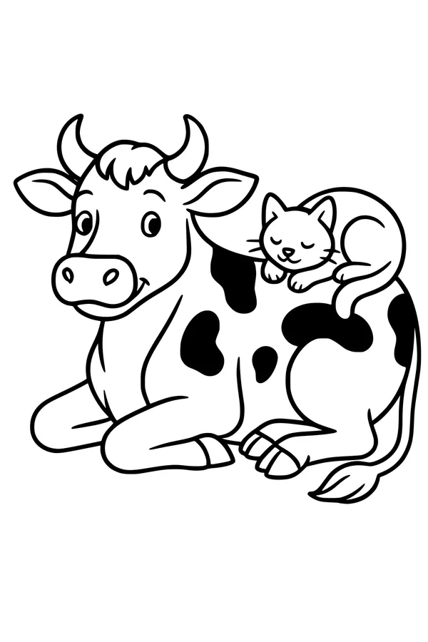 Free Cow Coloring Page - Sweet Nap Time With Kitten Pal (Printable PDF)
