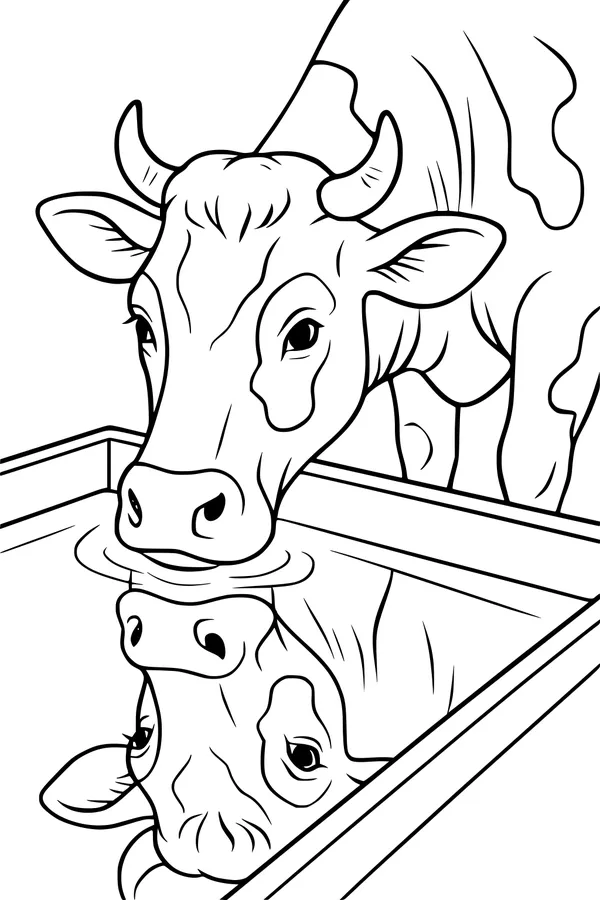 Free Cow Coloring Page - Thirsty Cow at Water Trough Reflection (Printable PDF)