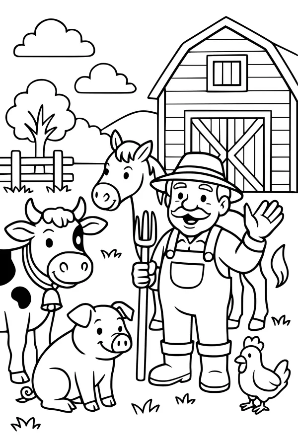 Free Cow Coloring Page - Farmer With Happy Barnyard Animals (Printable PDF)