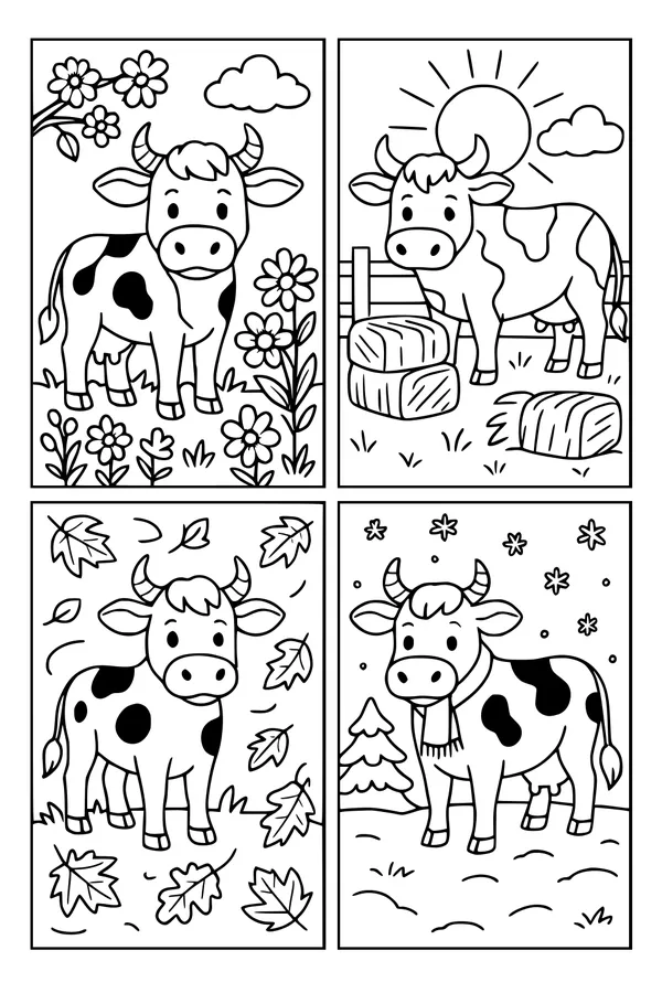 Free Cow Coloring Page - Daisy in Four Seasons (Printable PDF)