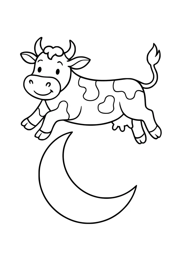 Free Cow Coloring Page - Smiling Cartoon Cow Jumping Over the Moon (Printable PDF)