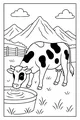Free Cow Coloring Page - Spotted Cow Drinking at Mountain Farm Trough (Printable PDF)