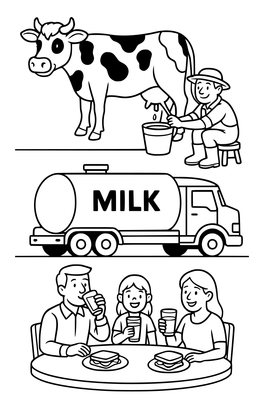 Farmer milking cow, milk tanker truck below, family of three drinking milk and eating sandwiches at a table.