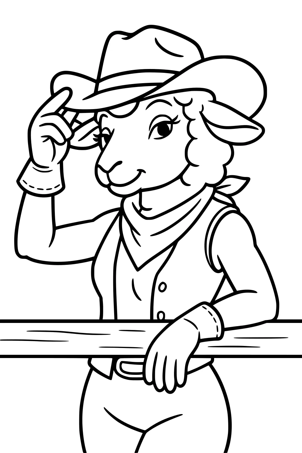 A sheep wearing a cowboy hat, vest, gloves, and bandana stands by a wooden fence and tips her hat.