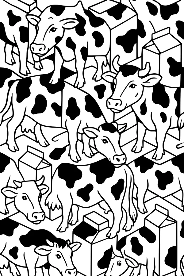 Free Cow Coloring Page - Spotted Cows and Milk Cartons Pattern (Printable PDF)