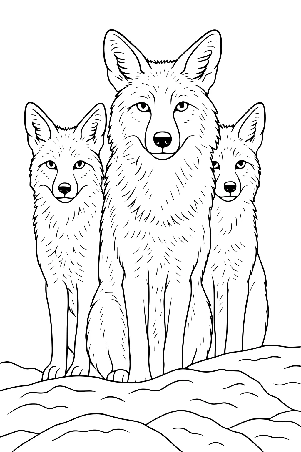 Three coyotes, one large and two smaller, sitting side by side on rocks with detailed line art fur.