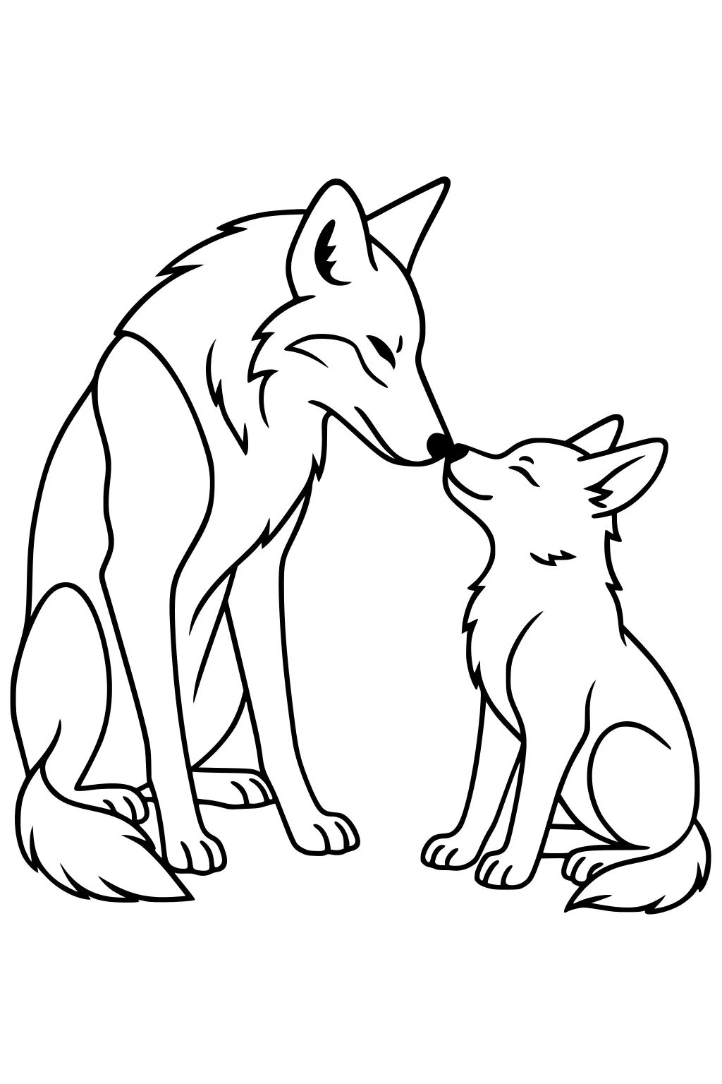 Mother coyote and pup sitting face to face, touching noses with eyes closed.