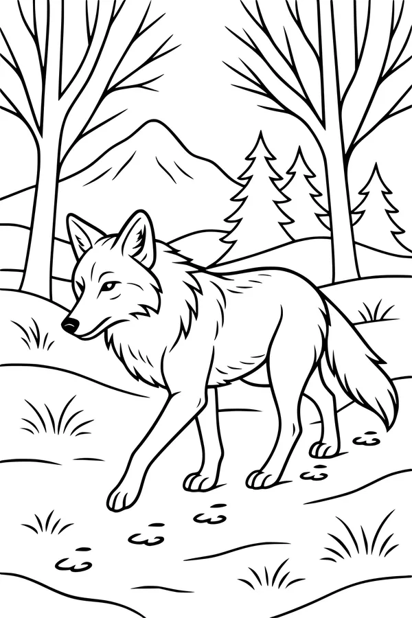 Free Coyote Coloring Page - Curious Coyote in Mountain Forest Clearing (Printable PDF)