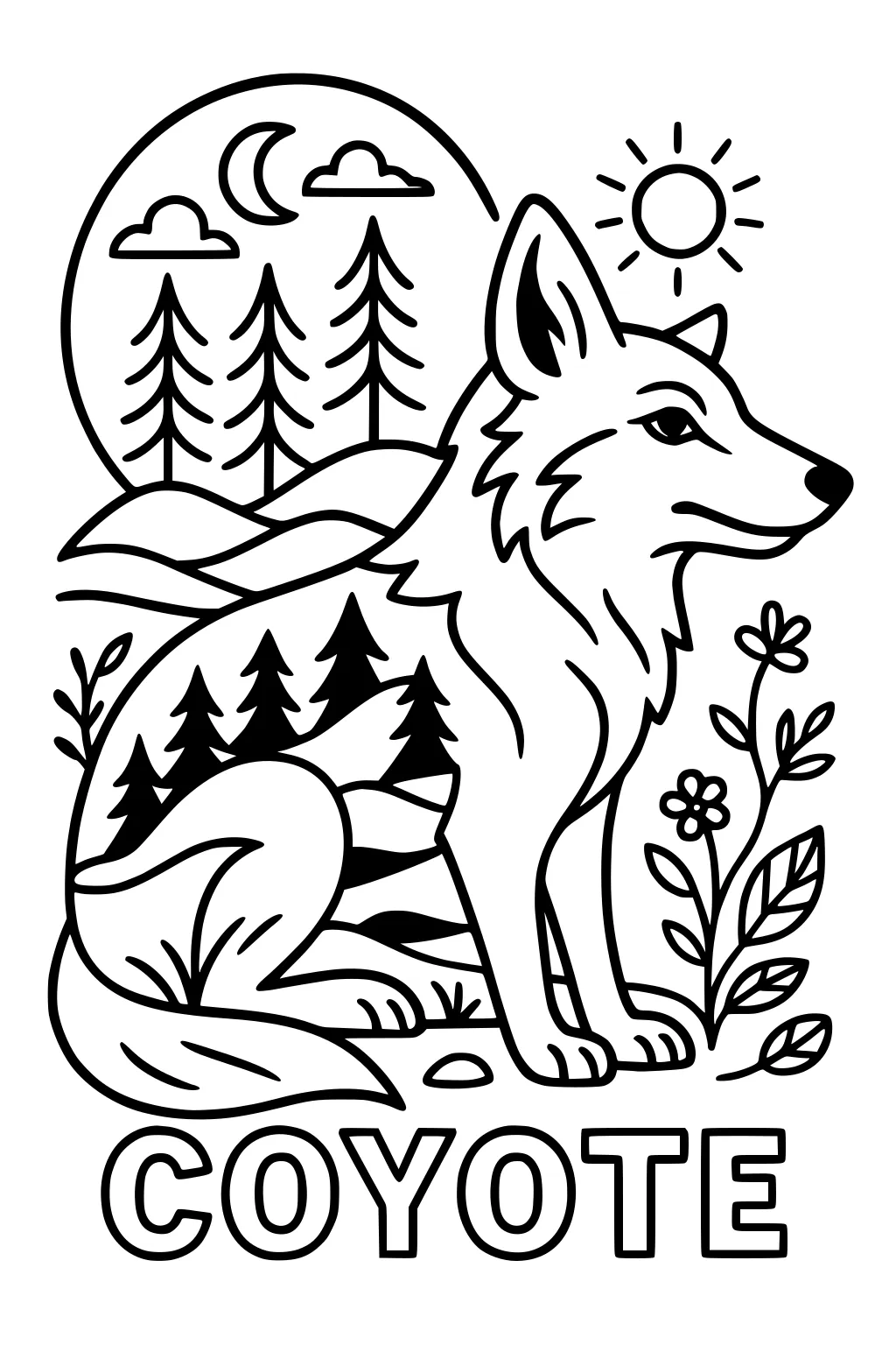 A coyote sits in front of pine trees, flowers, hills, a sun and a crescent moon. The word COYOTE appears below.
