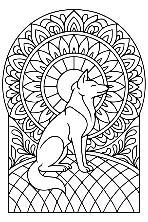 Free Coyote Coloring Page - Sunrise Mandala Desert Scene (Printable PDF)