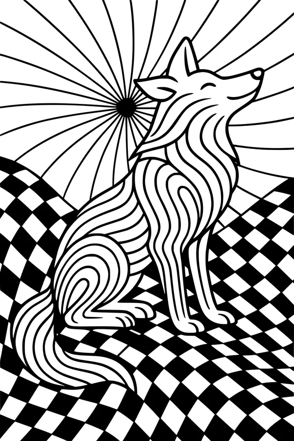 Free Coyote Coloring Page - Sunrise Song on Wavy Checkerboard Hills (Printable PDF)