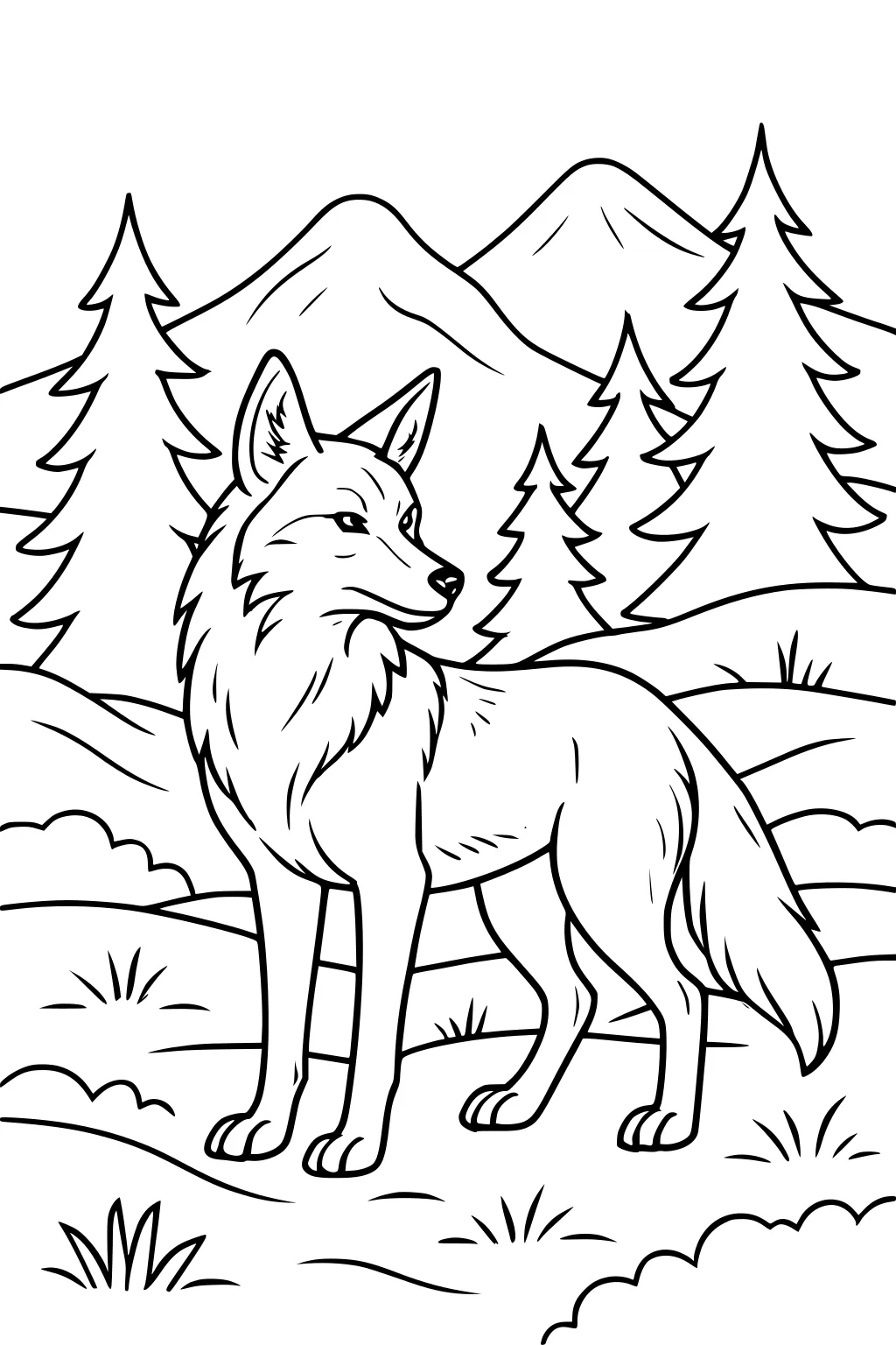 Coyote standing in a grassy clearing with pine trees and mountains in the background.