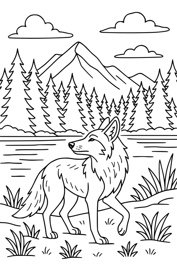 Free Coyote Coloring Page - Mountain Lake Explorer Scene (Printable PDF)