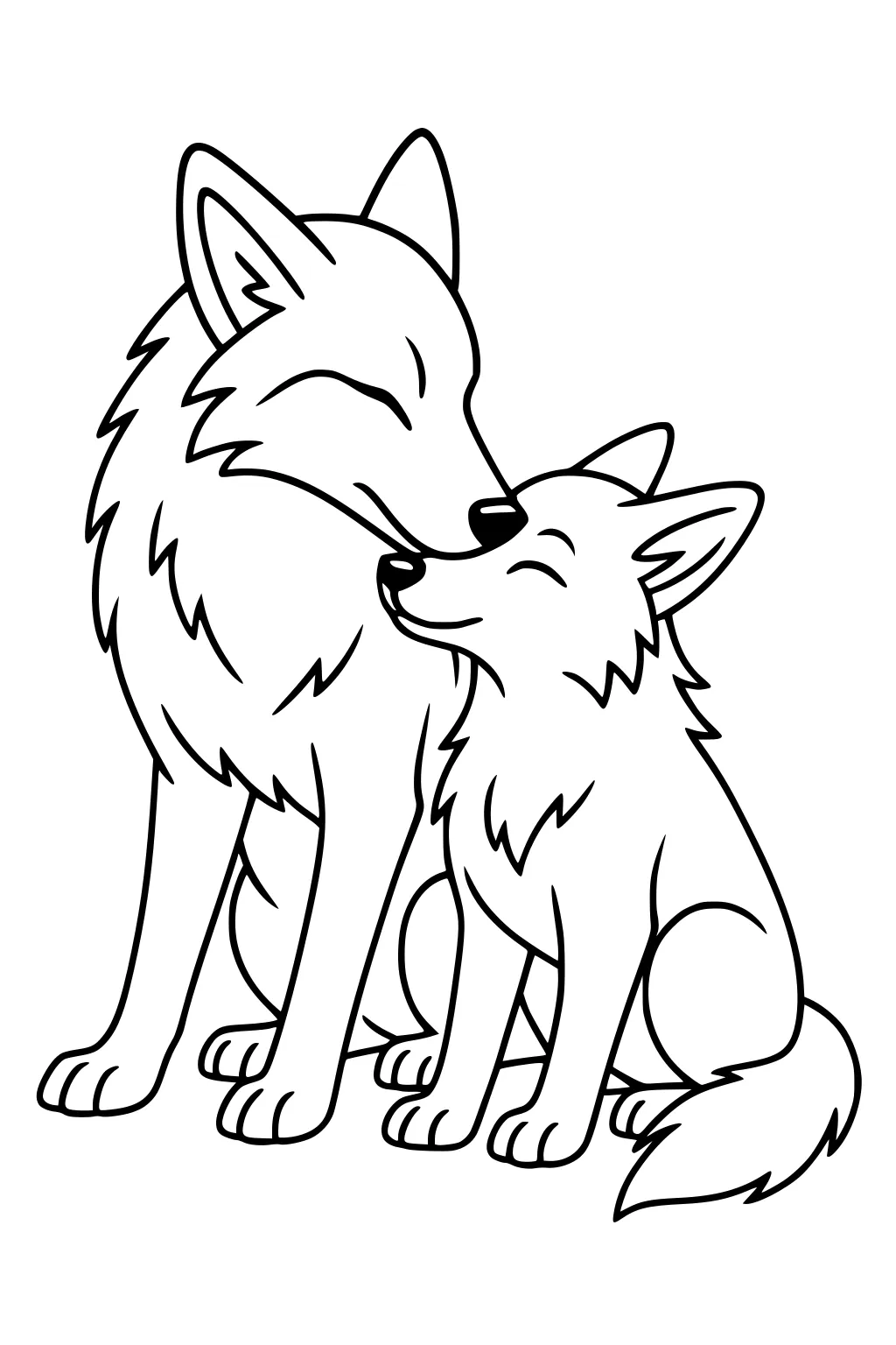Mother coyote and her son sitting side by side, touching noses, with happy expressions and fluffy fur.