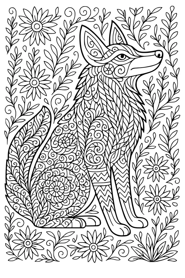Free Coyote Coloring Page - Stylized Coyote in Flower Meadow (Printable PDF)