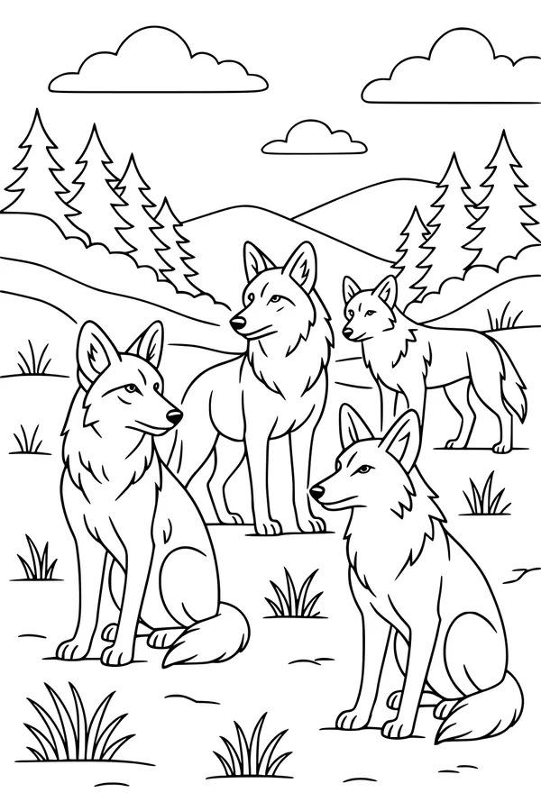 Free Coyote Coloring Page - Four Coyotes in Grassy Field (Printable PDF)