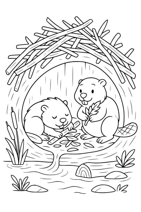 Free Beaver Coloring Page - Busy Beavers in a Cozy Lodge (Printable PDF)