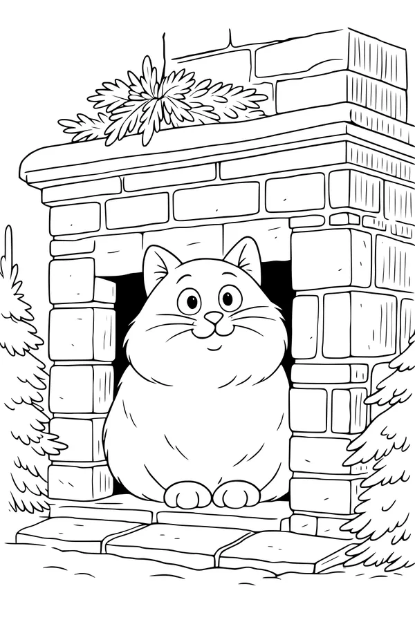 Free Cat Coloring Page - Chubby Cat in Stone Garden Archway (Printable PDF)