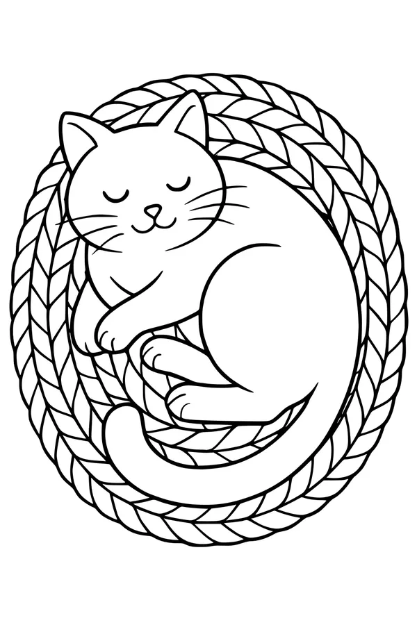 Free Cat Coloring Page - Sleepy Kitty in a Braided Basket (Printable PDF)