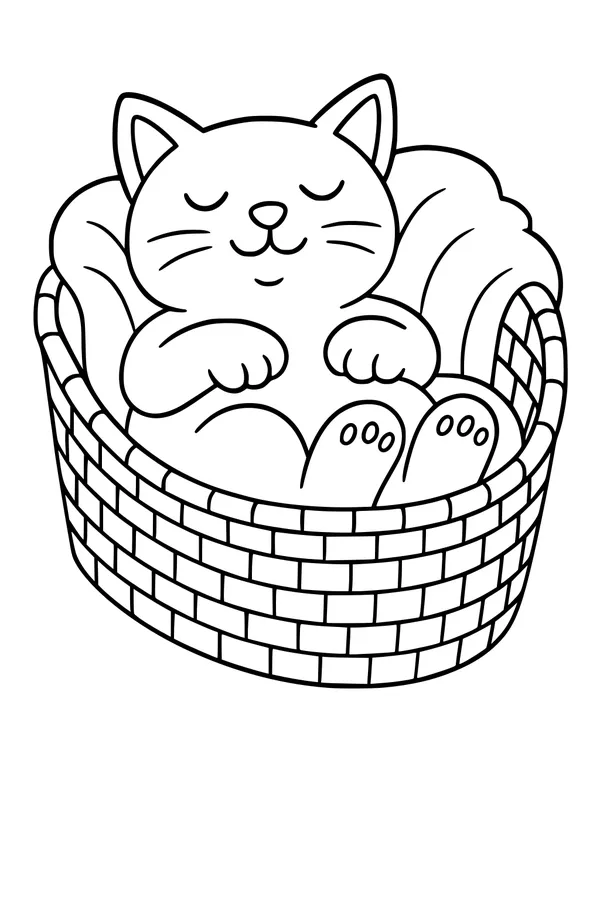 Free Cat Coloring Page - Sleepy Pet in Cozy Basket (Printable PDF)