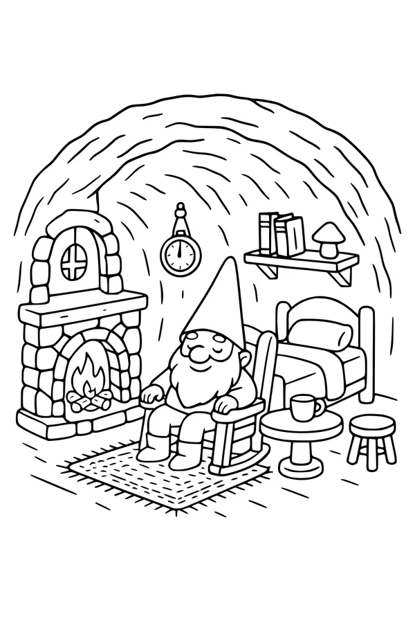 Free Gnome Coloring Page - Cozy Hearthside Burrow Home (Printable PDF)