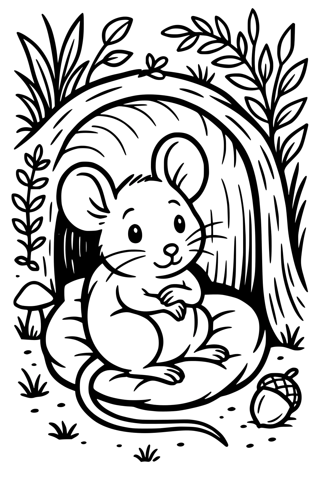 Cartoon mouse sitting outside a burrow on a leaf, surrounded by plants, a mushroom, and an acorn.