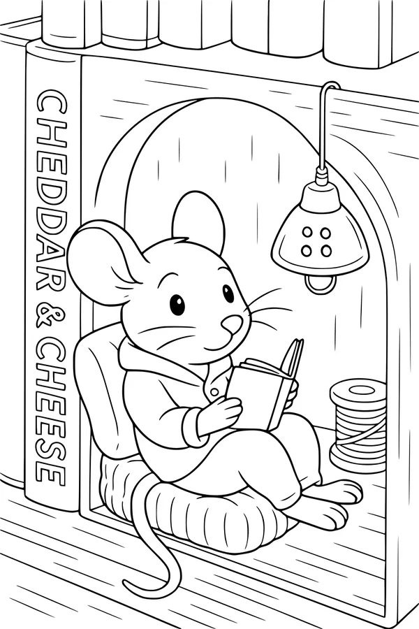Free Mouse Coloring Page - Cozy Library Reading Nook (Printable PDF)