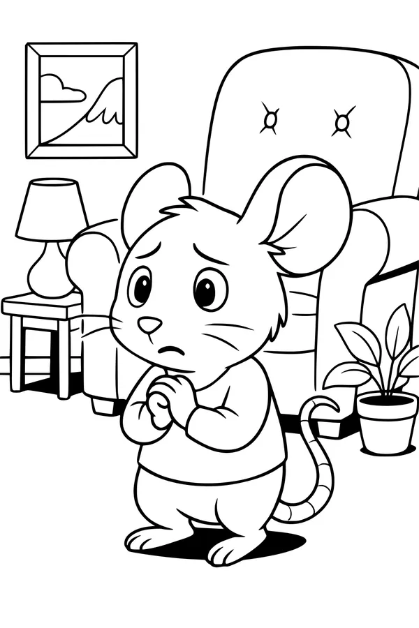 Free Mouse Coloring Page - Nervous Mouse in Cozy Living Room (Printable PDF)