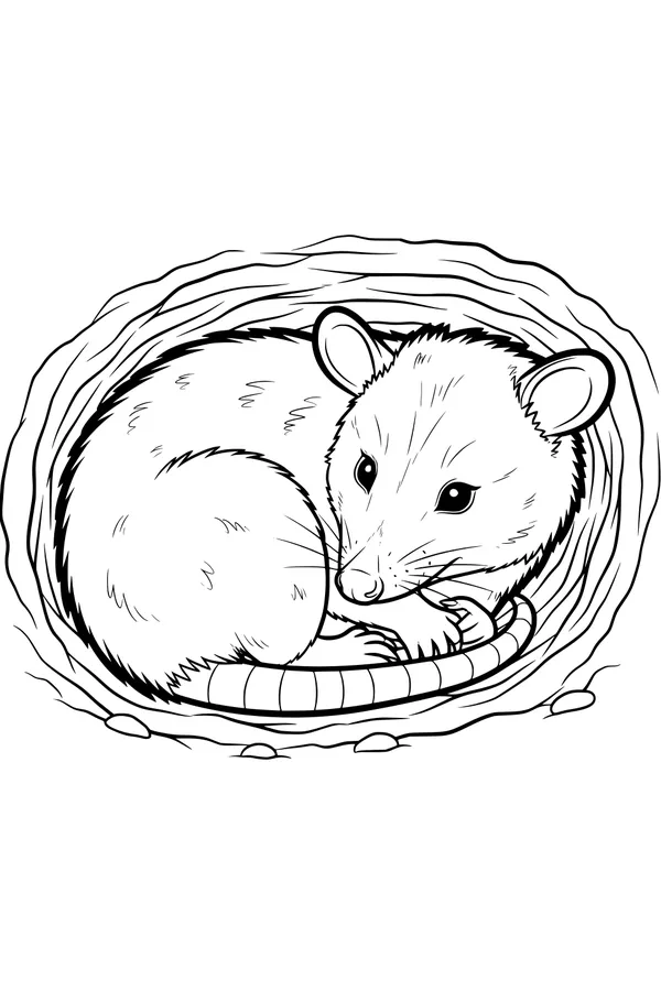 Free Opossum Coloring Page - Sleepy Woodland Nest Scene (Printable PDF)