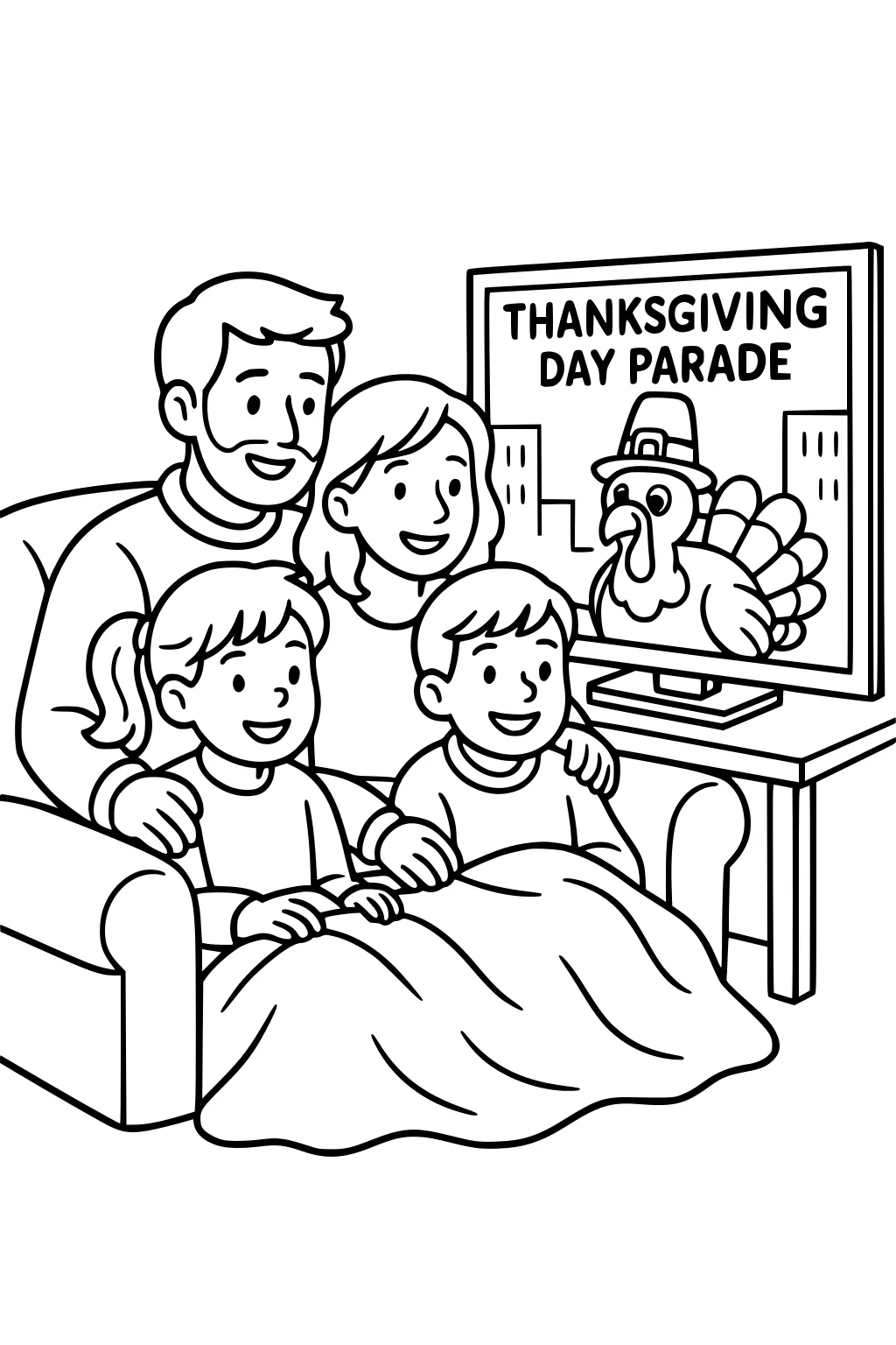 Family of four under a blanket on a sofa watching a TV labeled Thanksgiving Day Parade with a turkey in a Pilgrim hat.