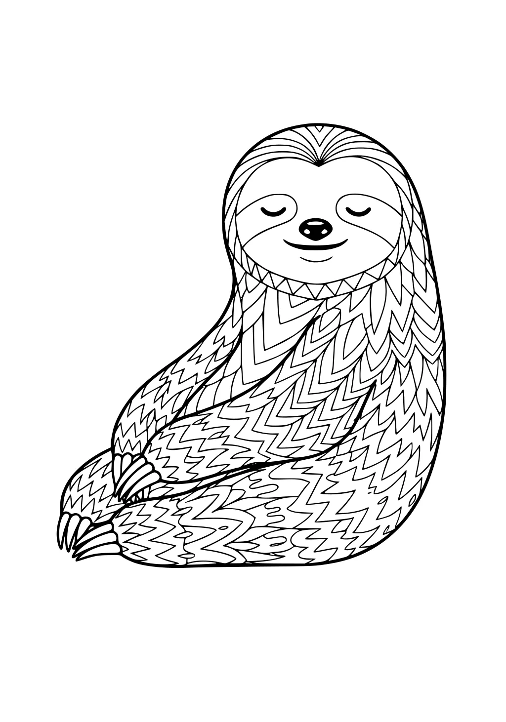 Sitting sloth with closed eyes, smiling, patterned fur, and three claws on each hand and foot.