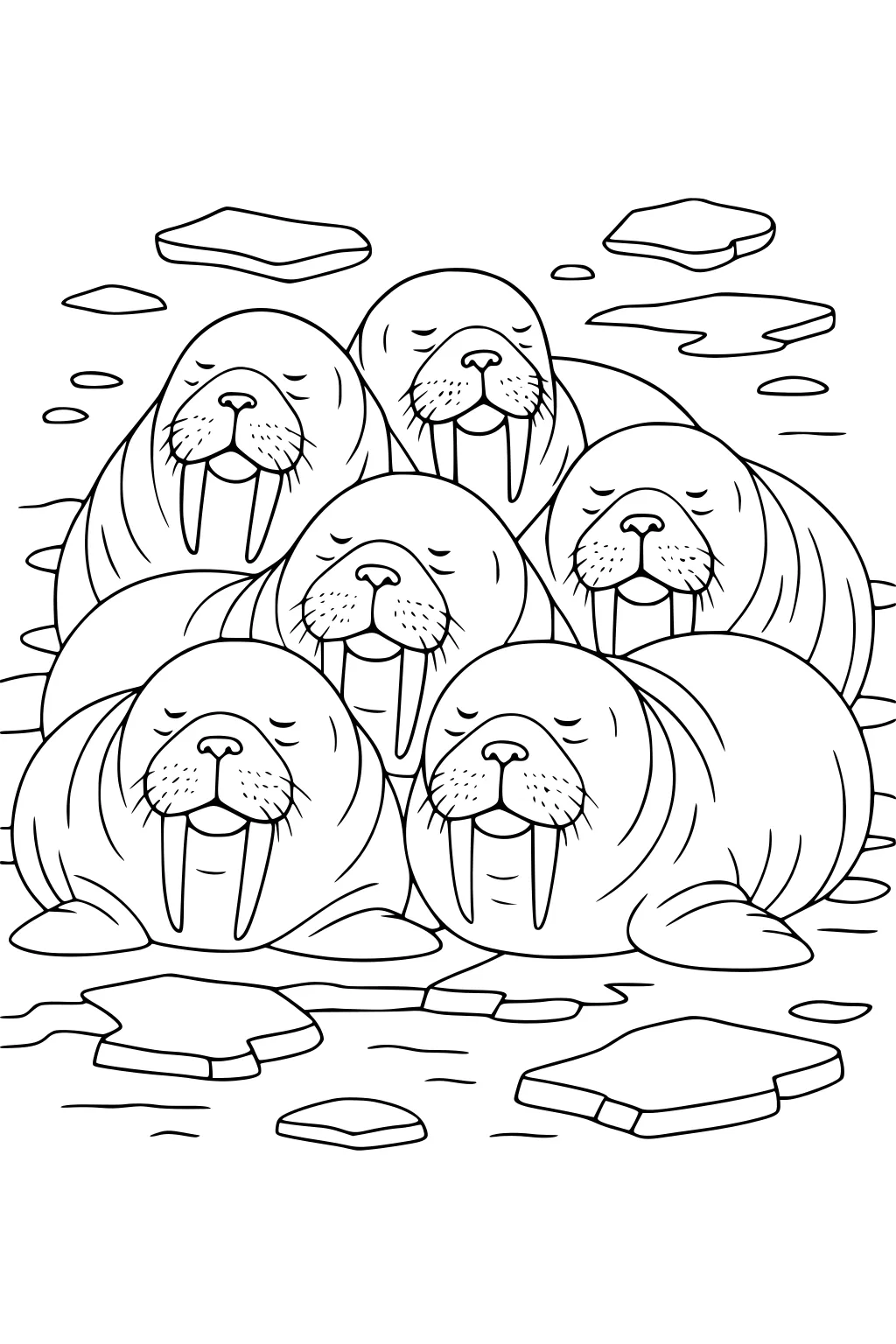 Six walruses sleep closely together on ice with closed eyes and visible long tusks, surrounded by ice floes and water.