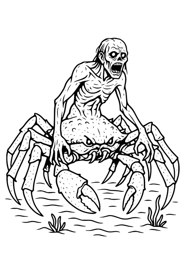Free Giant Crab Sea Monster Coloring Page - Spooky Bony Rider in Shallow Ocean (Printable PDF)