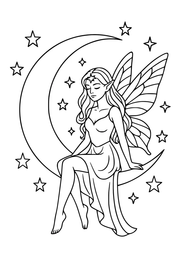 Free Fairy Coloring Page - Moonlight Fairy on Crescent Moon (Printable PDF)