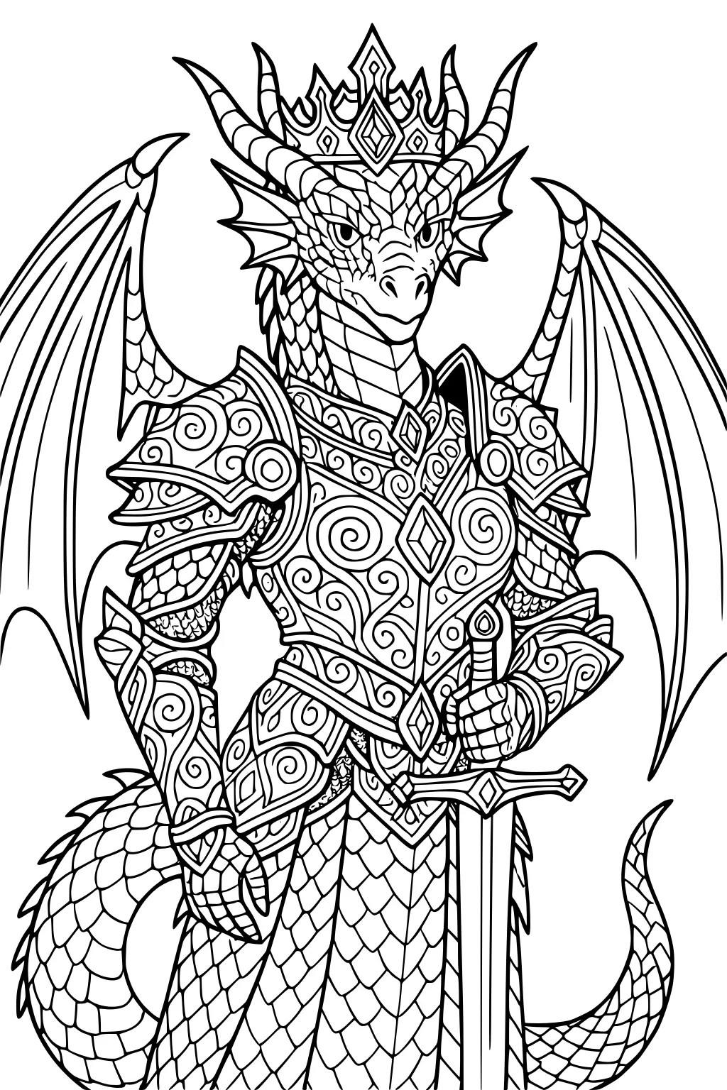 Dragon king with crown and ornate armor, holding a sword; wings behind, scaly neck, spiral details, and a curling tail.
