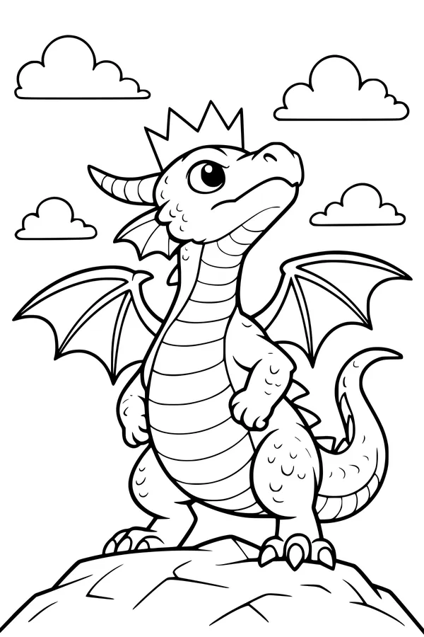 Free Dragon Coloring Page - Crowned Baby Dragon King in the Sky (Printable PDF)