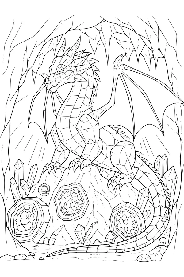 Free Dragon Coloring Page - Crystal Cave Guardian (Printable PDF)