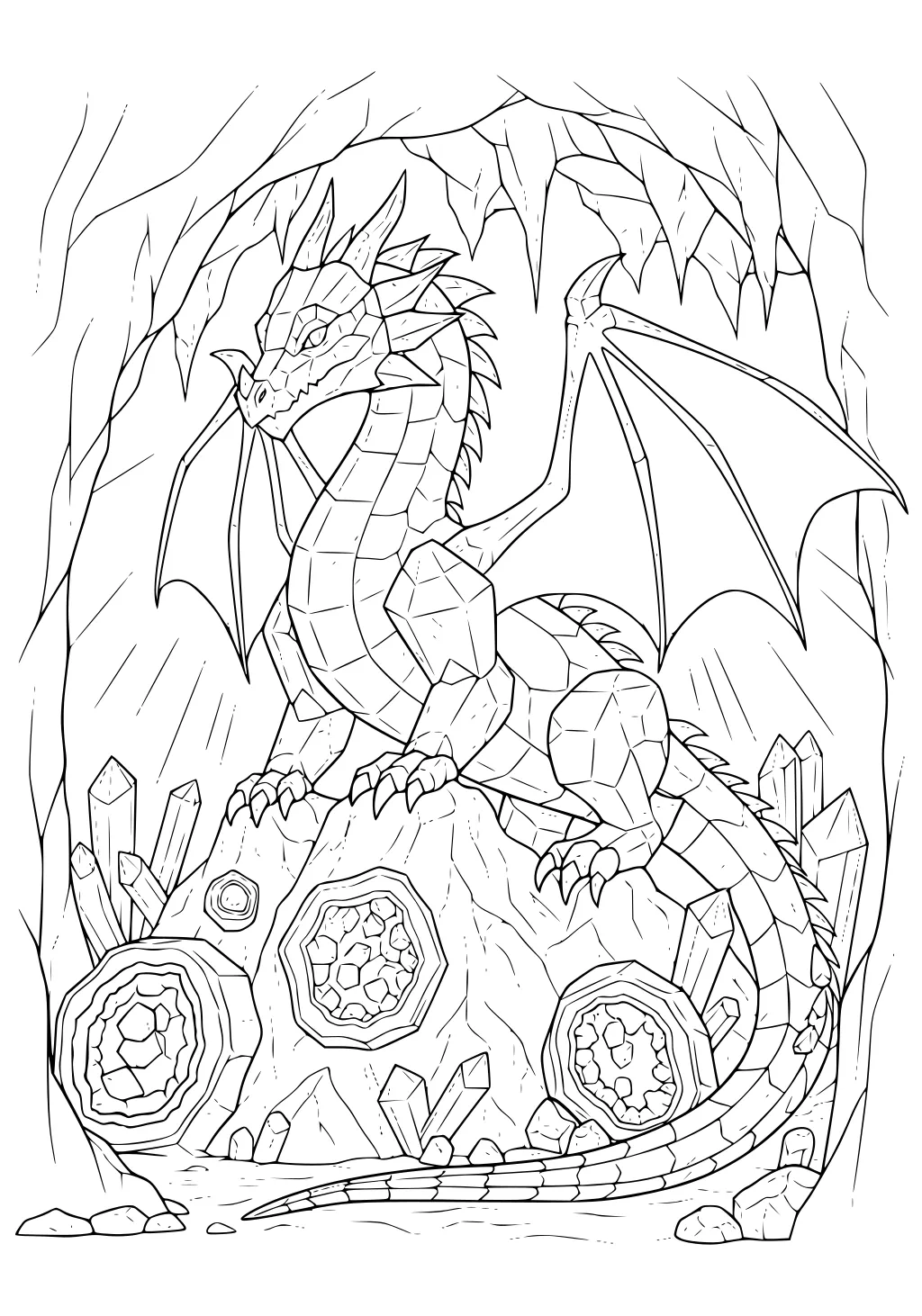 Crystal-scaled dragon in a cave, wings open, tail curled on rock, geodes and crystal clusters around, stalactites hanging above.